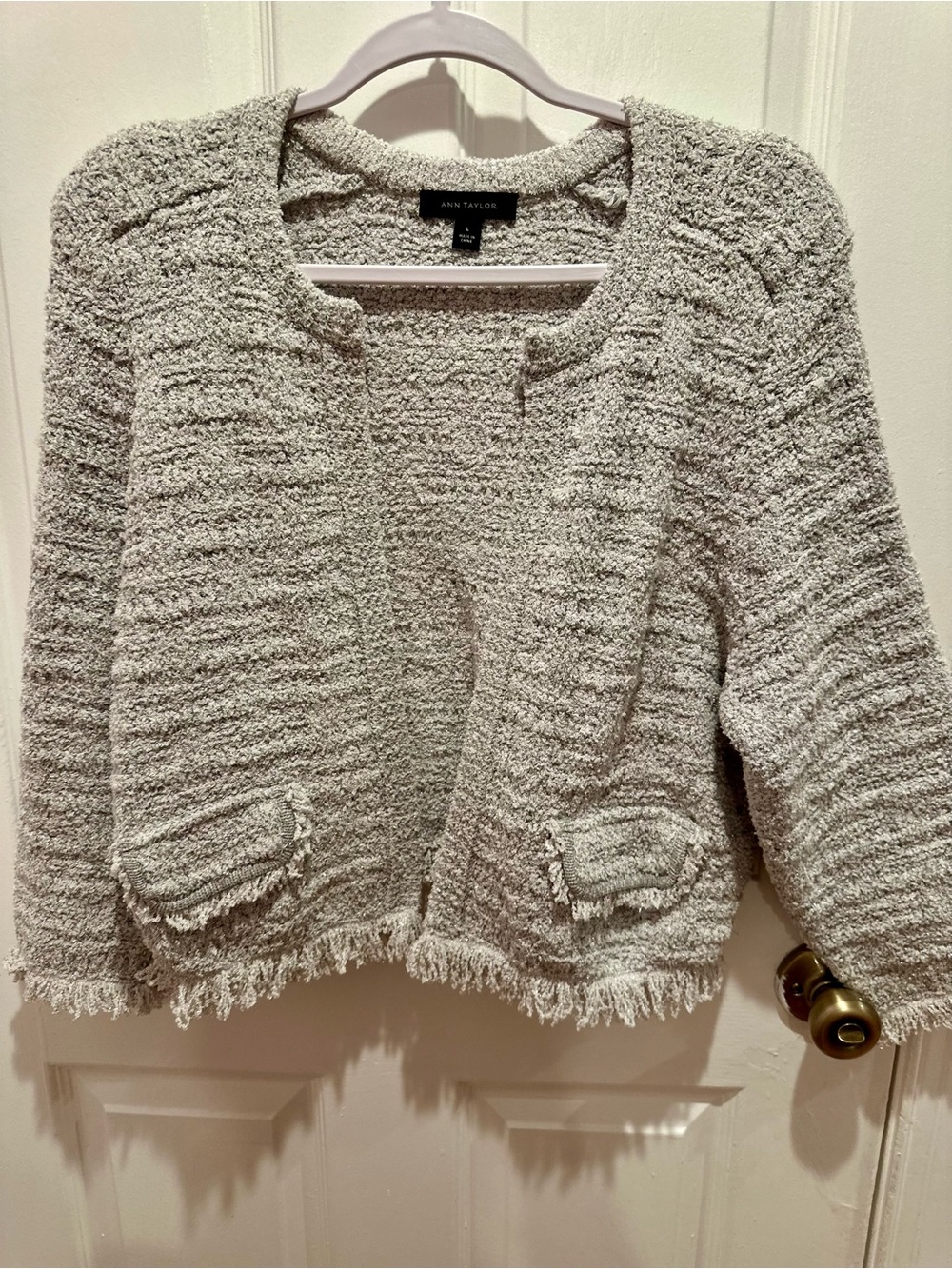 Ann Taylor Cream Bouclé Fringe Open-Front Cardigan
